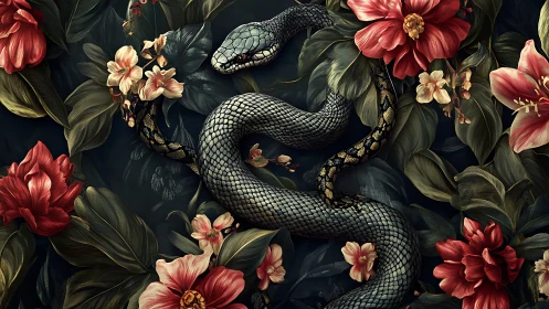 Coiled serpent amid lush crimson florals on dark ground.