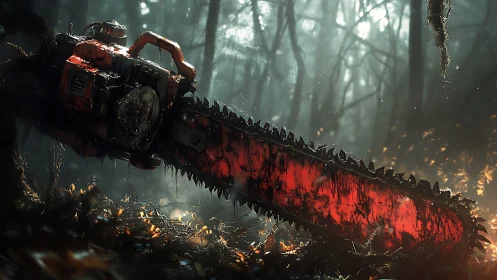 Bloodbright chainsaw dreaming in a haunted forest hush.