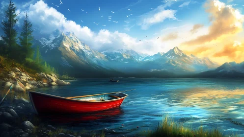 Red rowboat rests on tranquil alpine lake at sunrise