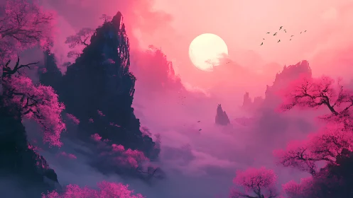 Spectral pink mountainscape with volumetric moonlit haze.