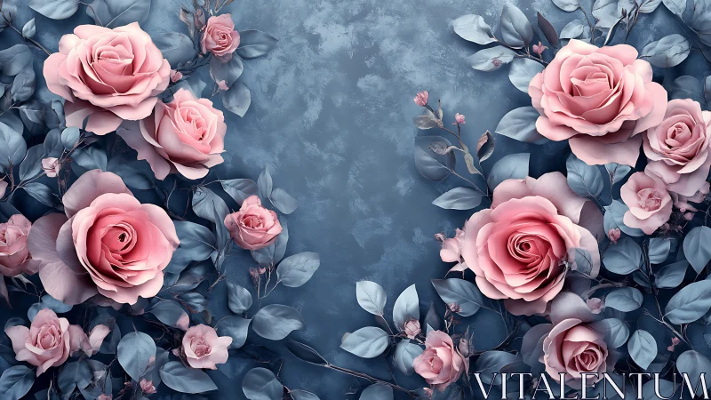 Pink Roses Against Weathered Blue Backdrop.