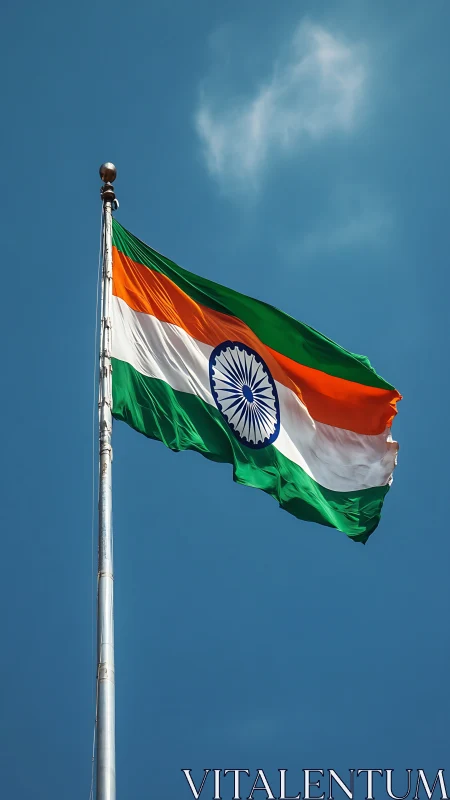 Indian national flag waves brightly against blue sky.