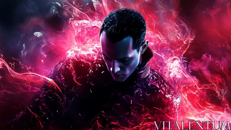 Male figure in red energy field with dark abstract backdrop.