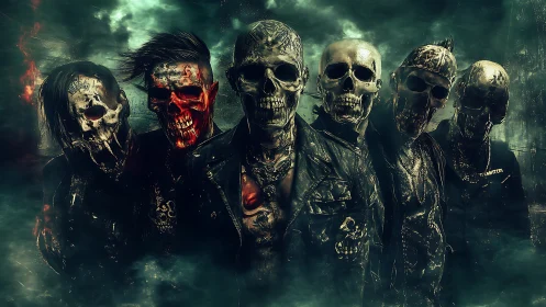 Undead leather-clad skull gang in toxic emerald fogscape.
