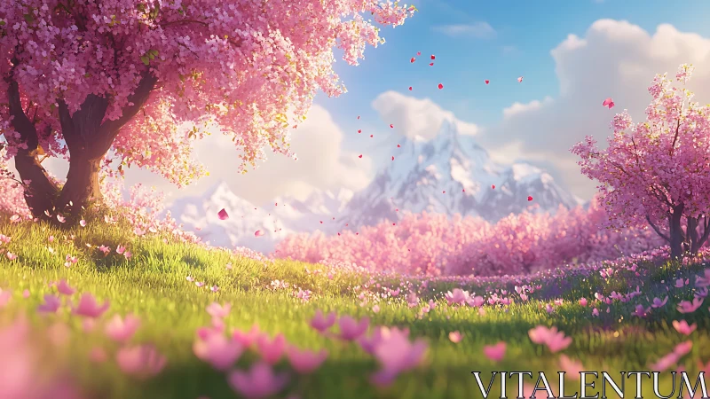 Cherry blossom valley frames snowcapped mountain peak.