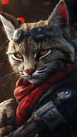 Battle-scarred feline ranger in tactical armor and red scarf.
