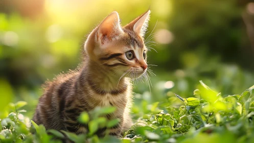 Tabby kitten positioned in grass with diffused background