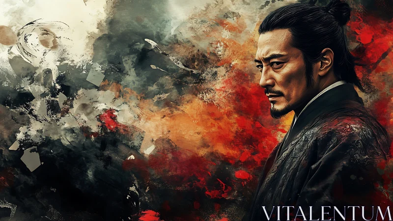 Samurai figure rendered against abstract red and gray field