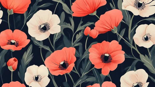 Coral and Cream Anemone Flowers on Dark Navy Background