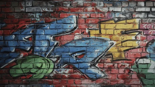 Bold street graffiti on worn brick wall with vivid color blocks.