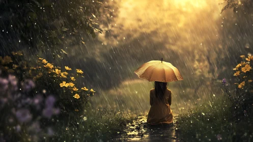 Solitary figure under umbrella in rainlit garden path.