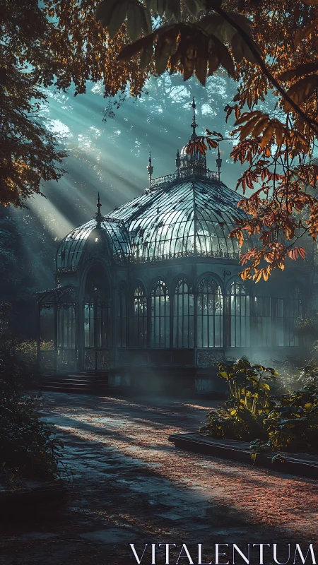 Victorian glass conservatory framed by volumetric dawn light beams
