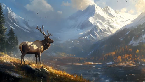 Elk stands on a lakeside slope before distant snowy mountains