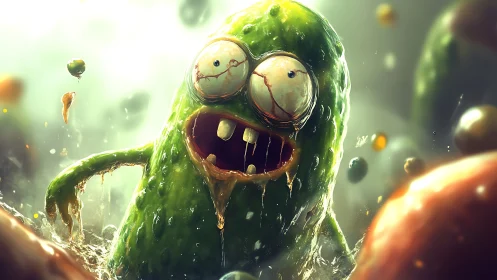 Mutant pickle monster lunges through brine with manic glare.