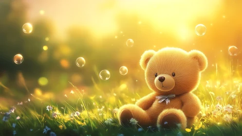 Backlit plush teddy bear with soap bubbles in golden meadow