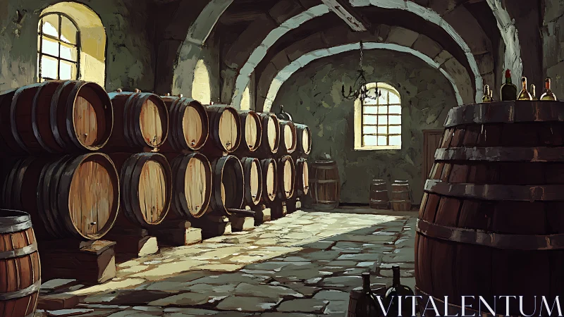 Rustic wine cellar interior with stacked wooden barrels.