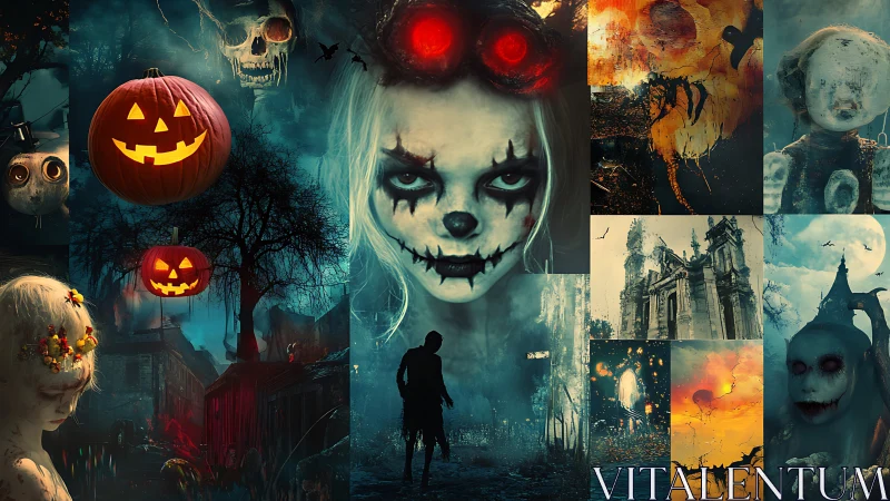Haunted Halloween collage merges eerie faces and nightscapes.