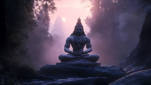 Serene Shiva statue renders soft volumetric light in misty forest