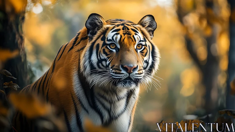 Adult tiger in autumn forest habitat, frontal portrait view.