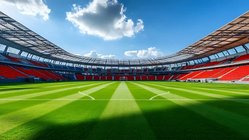 Modern football stadium interior with empty green pitch.