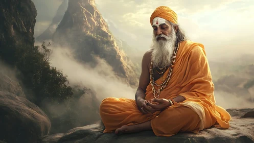 Digital painting of meditative sage in atmospheric mountain vista.