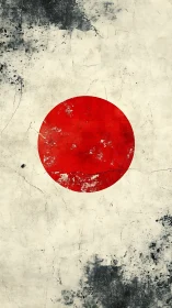 Grunge textured Japanese flag with worn red sun motif.