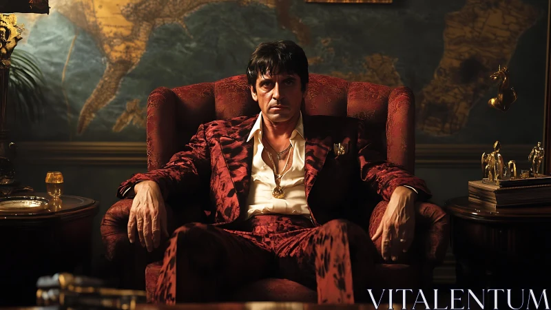 Commanding man in red velvet suit in a lavish office.