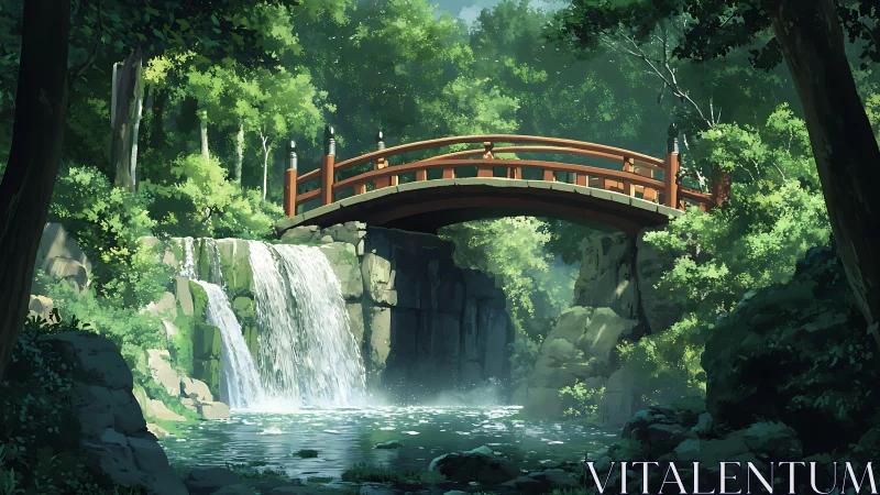 Anime forest bridge over cascading waterfall composition.