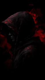 Hooded figure in shadow against abstract red backdrop.