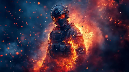 Armored tactical soldier engulfed in cinematic inferno glow.