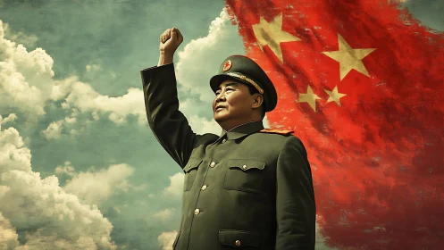 Chinese military officer before national flag in cloudy sky.