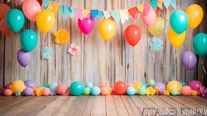 Vibrant Celebration Setup with Colorful Balloons and Bunting.