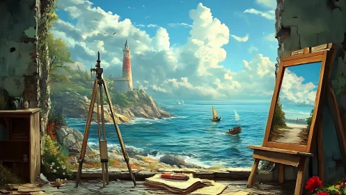 Seaside studio portal where lighthouse and canvas trade places.
