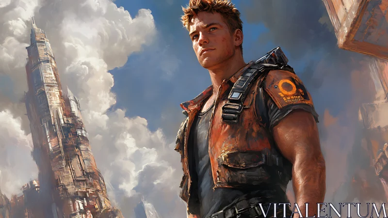 Skyward sentinel watches stormlit industrial spires.