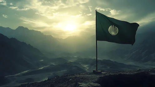 Flag in atmospheric mountain valley under backlit sunrise haze