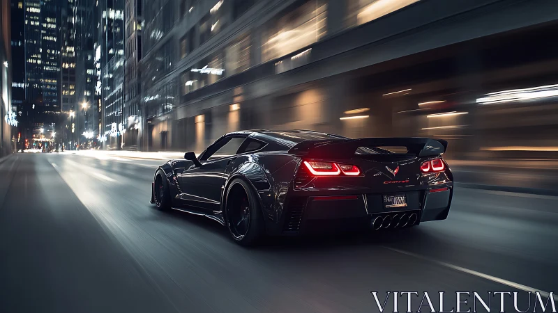 Photorealistic night tracking shot of supercar in motion blur.