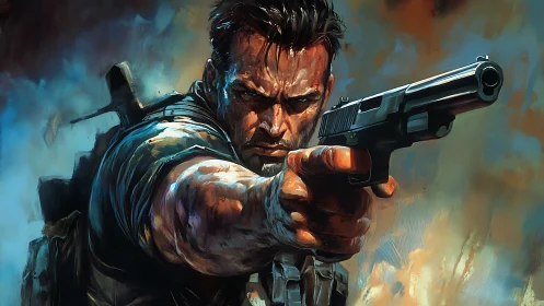 Hero on the edge, painted in firelit grit and resolve.