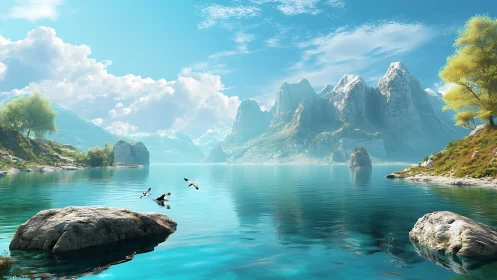 Serene turquoise lake mirrors distant snow peaks in crisp air