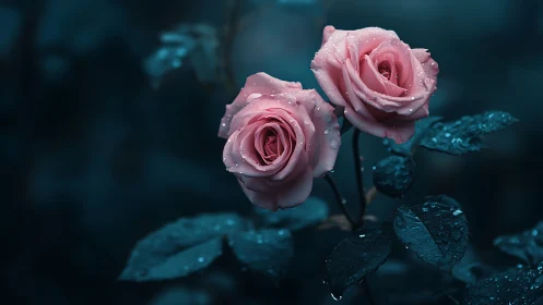 Pink Roses with Dew Drops Against Teal Background.