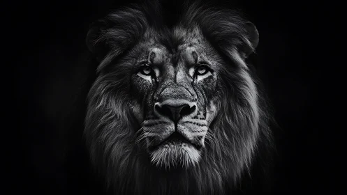 Monochrome lion portrait isolates facial structure with chiaroscuro