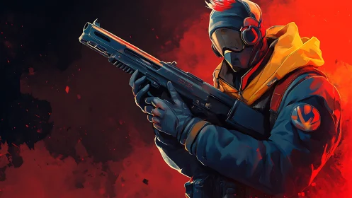 Armed futuristic soldier in stylized red and blue armor.