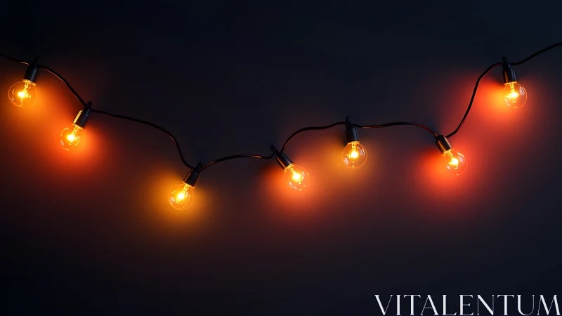Warm tungsten string bulbs emit soft radial glow on dark field