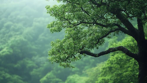 Rain soaked green tree branch over misty forest hillside.