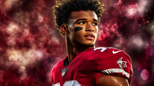 Young football star looking ahead with bold, hopeful focus.