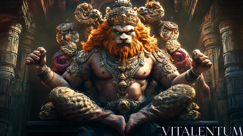 Lion-headed deity enthroned in ornate golden temple hall.