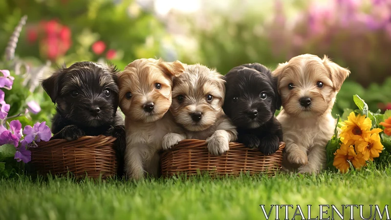 Five fluffy puppies sit in garden baskets under soft sunlight