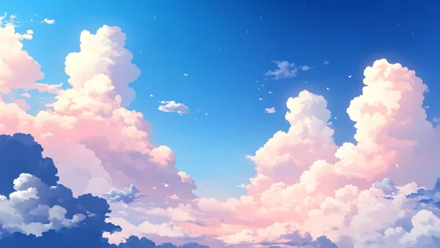 Sunlit cumulus clouds over tranquil pastel horizon sky.