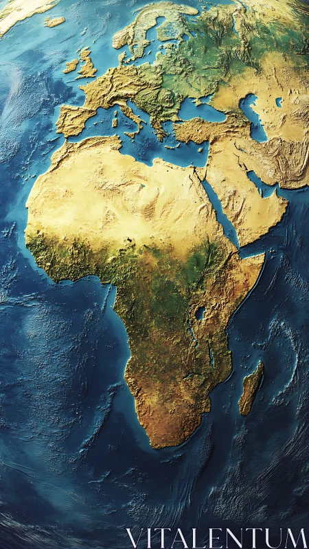 Sunlit Africa and Europe from space, carved in vivid relief.