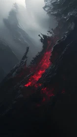Crimson faultline burns through a shrouded abyss of stone.
