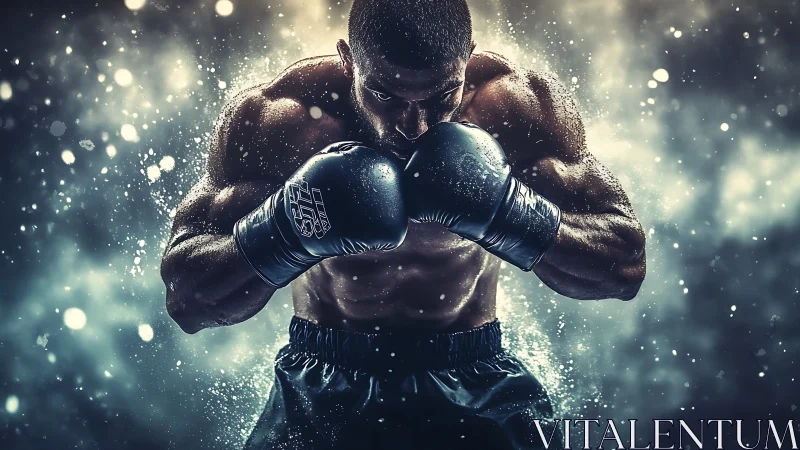 Athletic Boxer with Guard Stance, Volumetric Light Particles